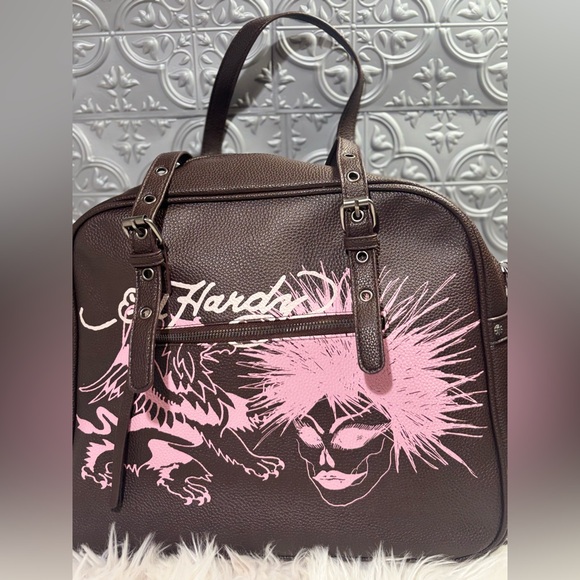 Ed Hardy nwt brown pink skull faux leather large tote weekender bag purse biker - Picture 6 of 10